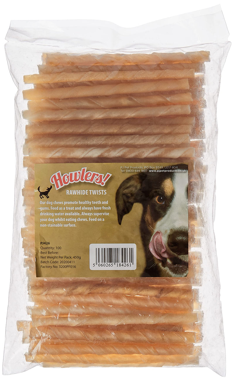 Howlers Natural Rawhide Twists, 13 cm, Pack of 100 & Natural Munchy Sticks, 12.5 cm, Pack of 100 + Natural Munchy Sticks, 12.5 cm, Pack of 100 - PawsPlanet Australia