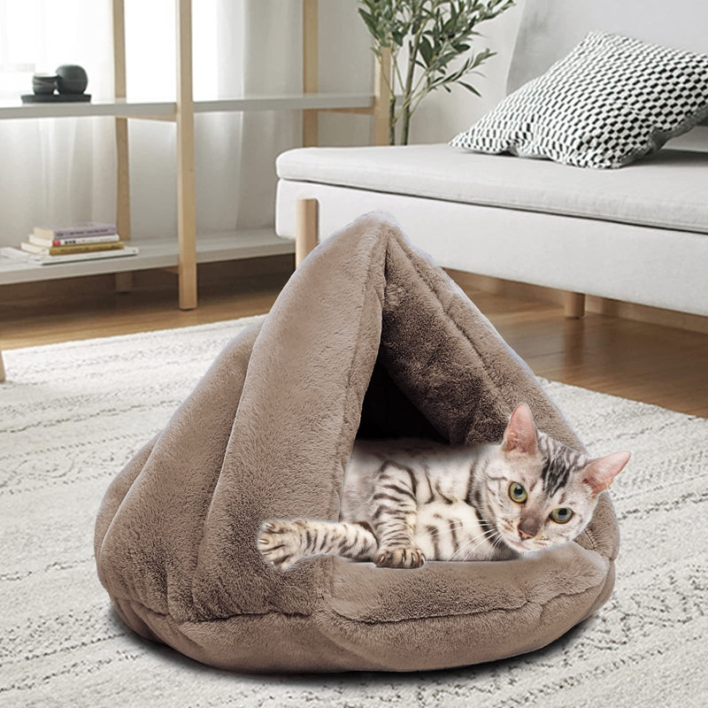 MeiLiMiYu Cozy Plush Cat Cave Tent Bed Self Warming Pet Bed Washable Portable Sleeping Bag for Indoors Cats and Puppy (Brown) - PawsPlanet Australia