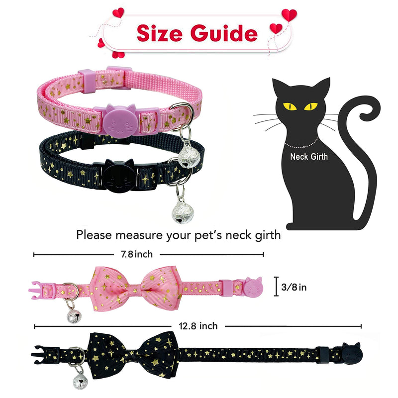 2 Pack Cat Collar with Bow Tie and Bell, Kitty Kitten Starshine Collar Breakaway Collar for Males Females Boys and Girls Cats Starshine Pink / Black - PawsPlanet Australia