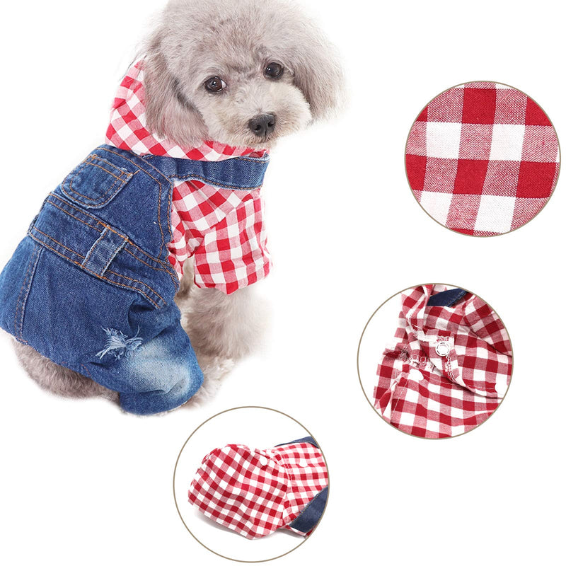 Pet Clothes Denim Dog Jeans Striped or Grid Jumpsuit Overall Hoodie Coat for Small Medium Puppy Cat - PawsPlanet Australia
