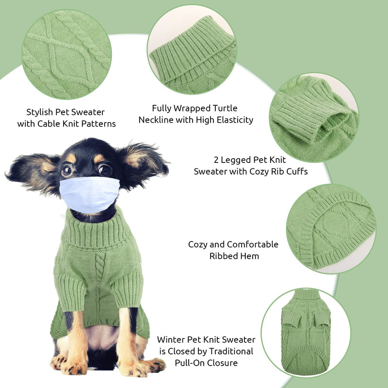 Queenmore Small Dog Pullover Sweater, Cold Weather Cable Knitwear, Classic Turtleneck Thick Warm Clothes for Chihuahua, Bulldog, Dachshund, Pug, Yorkie X-Small Green - PawsPlanet Australia