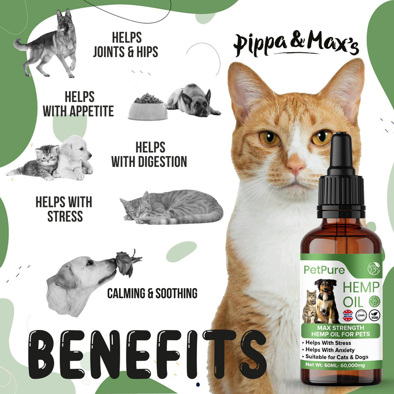 Pippa & Max Hemp Oil for Dogs and Cats & Pets - 60,000MG 60ml  Hemp Extract Made in the UK - May Help Stiff Joints & Bones, Reduce Stress and Anxiety - PawsPlanet Australia