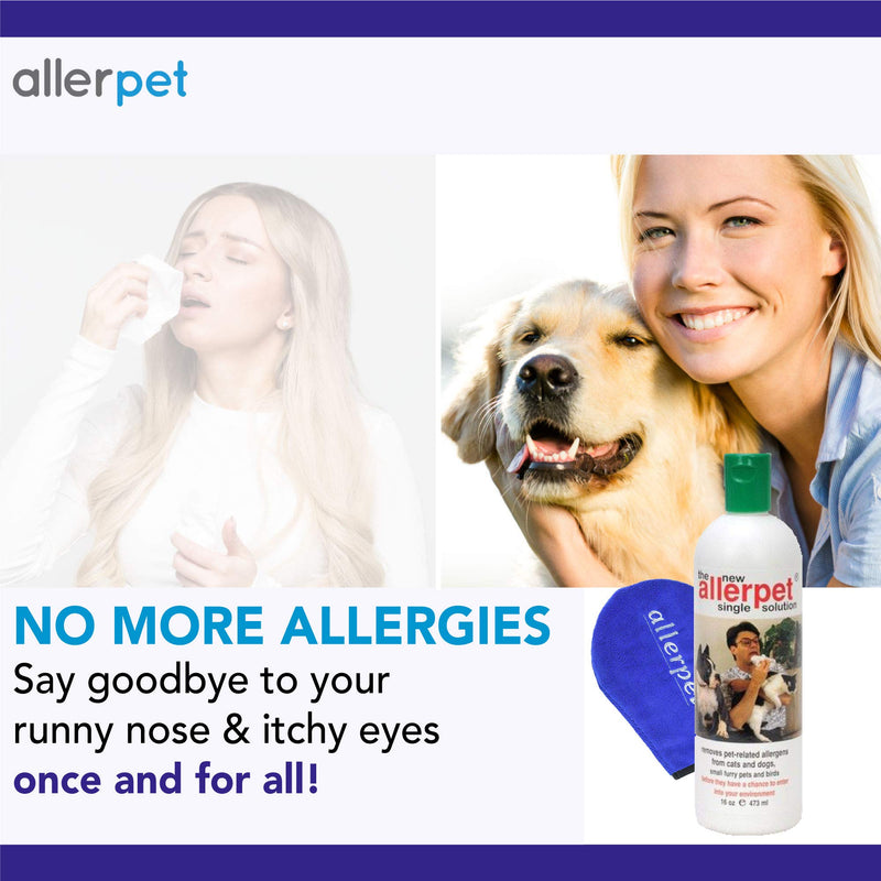 Allerpet Single Solution 16 fl oz Bottle Dander Remover for Pets - Relieves Allergies - Bonus Mitt to Easily Apply Solution to Your Pet - PawsPlanet Australia