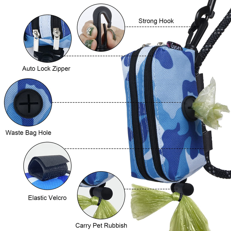 GUSEN 2 Pack Dog Poop Bag Holder for Leash with 2 Zipper - Poop Bag Dispenser, Pet Waste Bag Holder Leash Attachment with 2 Roll Poopy Bags Leak-Proof Dog Waste Bags (Camo(Blue+Green)) Camo(Blue+Green) - PawsPlanet Australia