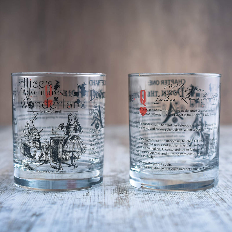 Greenline Goods Whiskey Glasses - Alice in Wonderland (Set of 2) | Literature Rocks Glass with Lewis Carroll Book Images & Writing - PawsPlanet Australia