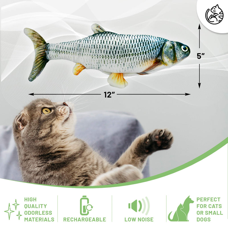 [Australia] - Dancing Fish Toy for Indoor Cats & Small Dogs – Motion Sensor Cat Toy with 2 Catnip Packets – USB-Chargeable, Soft, Durable, Washable, Low-Noise Flippity Fish Interactive Pet Gifts, 12x5 In. 