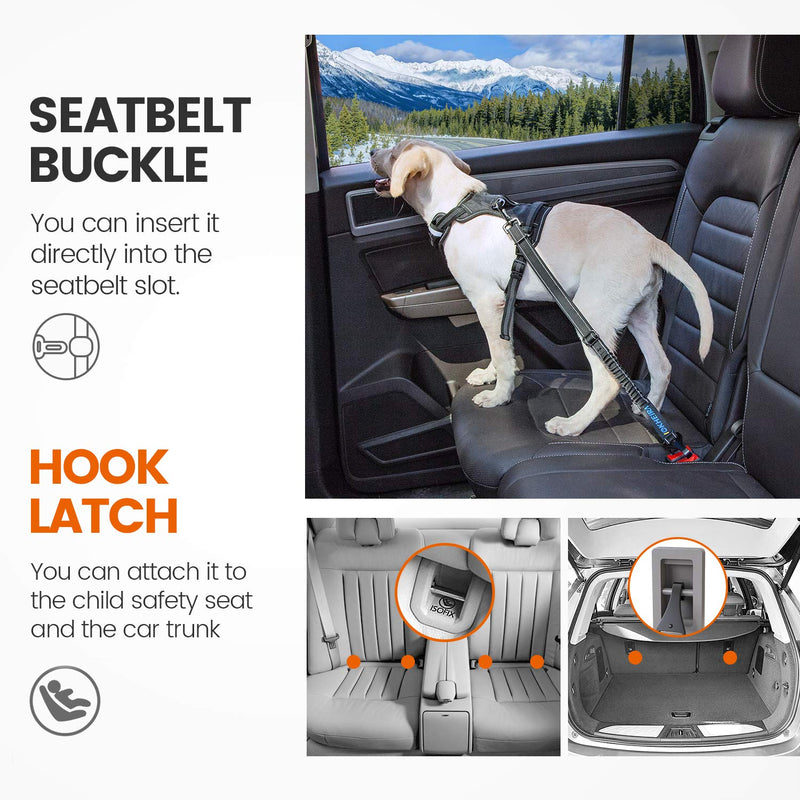[Australia] - IOKHEIRA Dog Seat Belt, Updated 3-in-1 Multifunctional Pet Safety Belt Reflective Bungee Dog Car Harness with Hook Latch & Seatbelt Buckle, Swivel Aluminum Carabiner Black Single Leash 