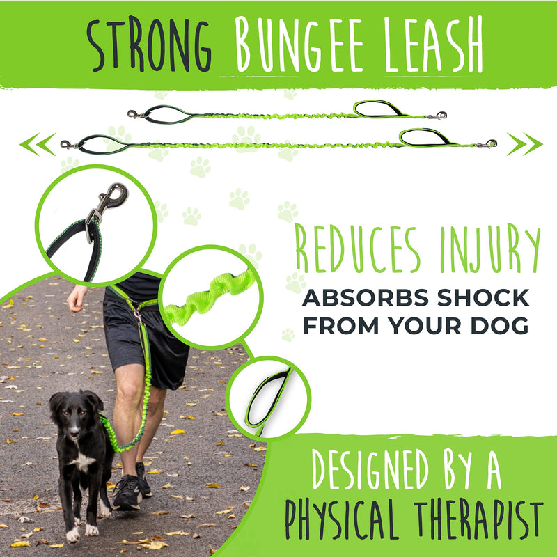 Mighty Paw Hands Free Bungee Leash 2.0 | 4’ Dog Lead W/ Dual Padded Traffic Handles for Running, Hiking & Jogging. Wearable Belt (27-48” Waistband) W/ 2 Attachment Loops. Pets Up to 150lb Green - PawsPlanet Australia