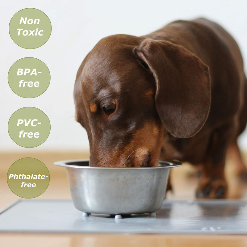 [Australia] - Dog Food Mat - Cat Food Mat - Pet Food Mat - Grey Silicone Non-skid Dog Bowl Mat for Floors - Waterproof Washable Soft Dog Mats for Food and Water - 19x12 Dog Feeding Mat with Raised Edges Bowls Tray 