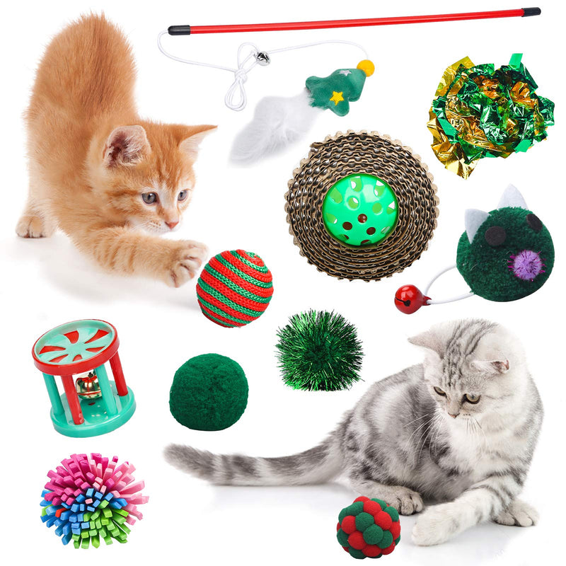 [Australia] - Sanlebi Christmas Cat Toys Stocking - 10 PCS Pet Cat Chasing Interactive Feather Cat Toys X-mas Gift Set for Kitten Kitty 