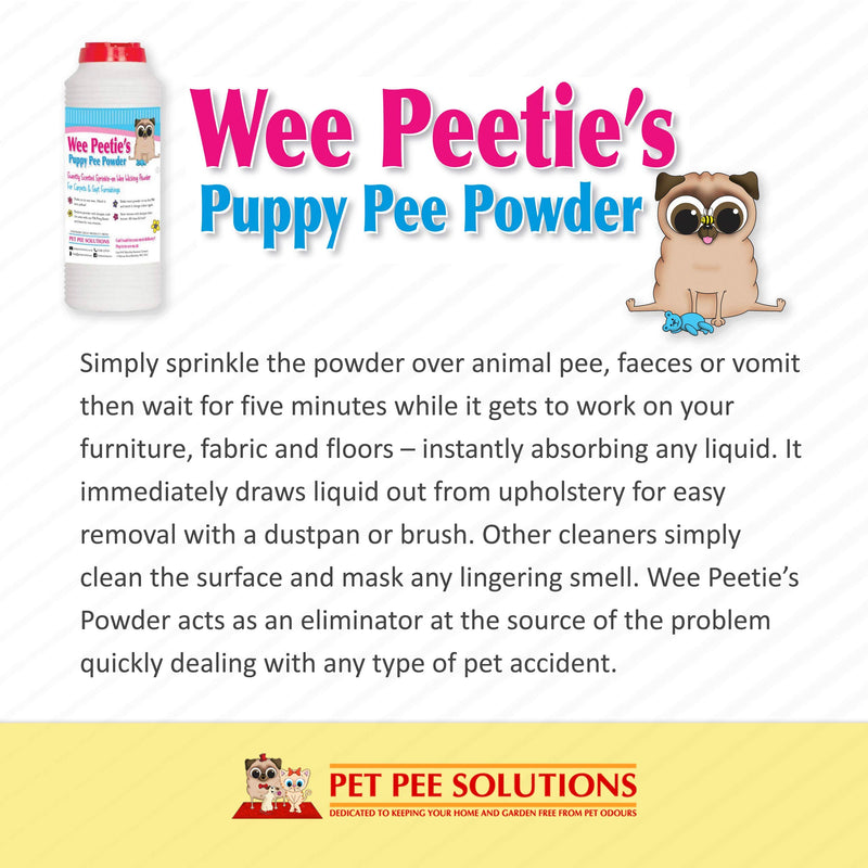 Wee Peeties Pee Powder for Pet Urine Vomit and Poo. Removes Liquid from Carpets Upholstery Sofa and Mattress. Prevents growth of Bacteria and stops Smell and Odour from Dog Puppy and Cat Accidents - PawsPlanet Australia