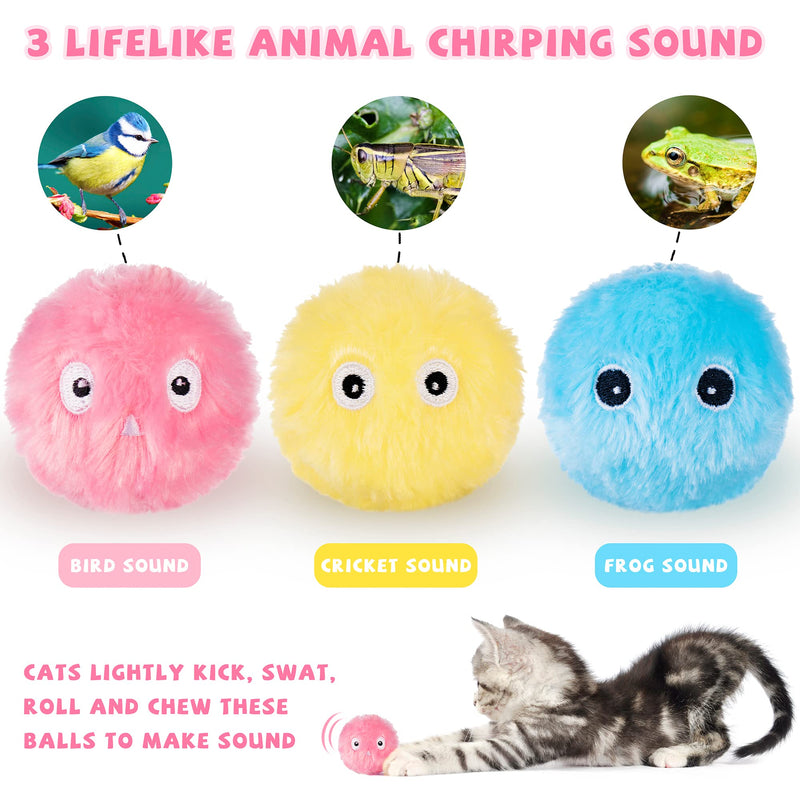 JXFUKAL Cat Balls Toy, 3PCS Cartoon Fuzzy Balls with Lifelike Animal Chirping Sound, Soft & Lightweight, Kitty Chewing Kicker Toys Interactive Cat Toys for Indoor Cats & Kitten Cat Accessories - PawsPlanet Australia