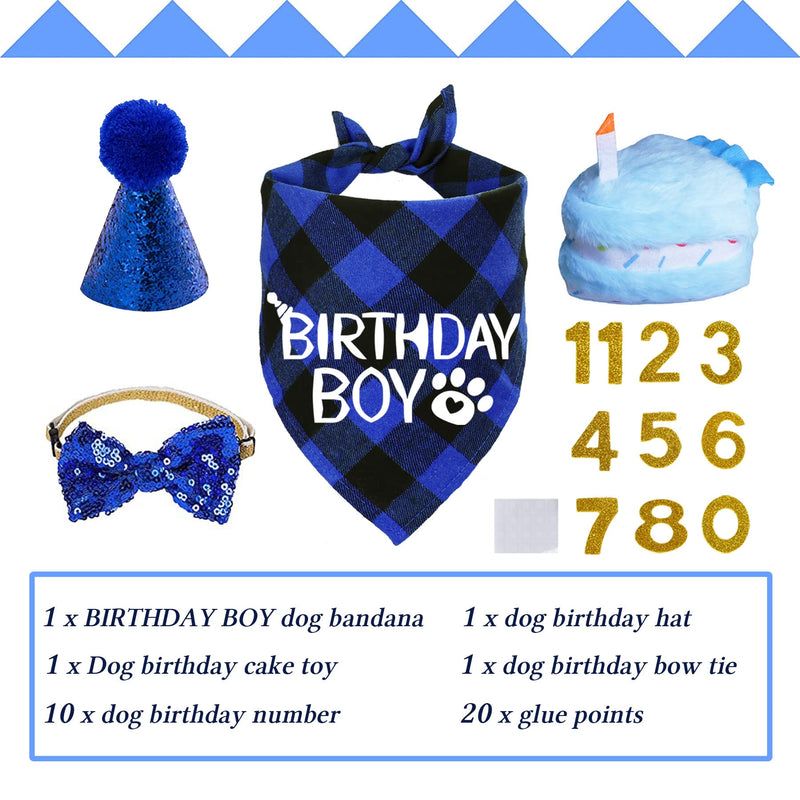 STMK Dog Birthday Party Supplies, Dog Birthday Bandana Boy with Dog Birthday Party Number Hat Bowtie Cake Squeaky Toy for Large Medium Dogs (Blue, Plaid) Blue - PawsPlanet Australia