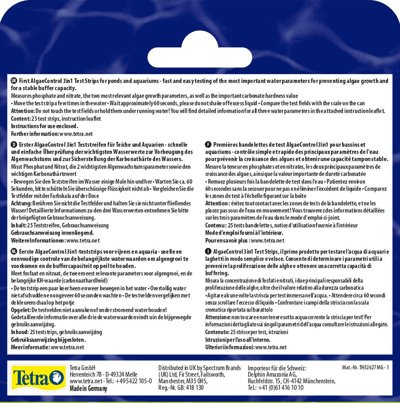 Tetra AlgaeControl 3-in-1 Test - Water Test for Checking the Most Important Algae Parameters in Pond or Aquarium, 1 Can (25 Test Strips) - PawsPlanet Australia