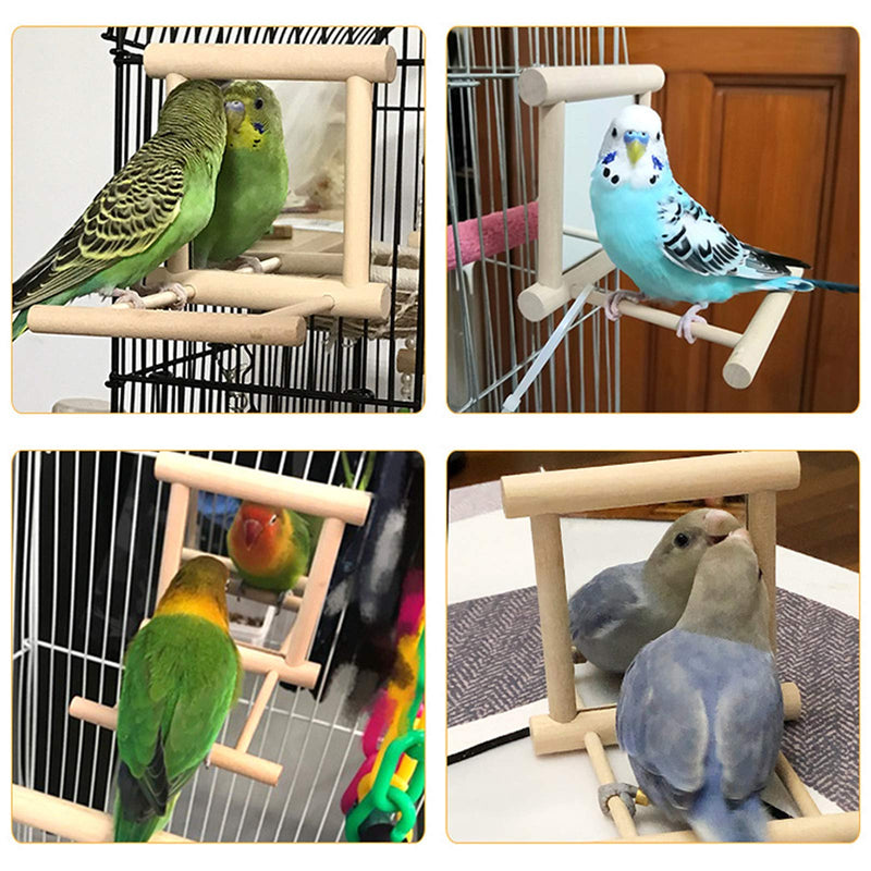 Bird Mirror, Bird Parrot Toys, Bird Swing Hanging Toy, Parrot Hanging Swing with Mirror, Bird Mirror with Wooden Frame for Parakeets Conures Cockatiels Macaw Cage, Natural Wooden Mirror Bird Toy - PawsPlanet Australia