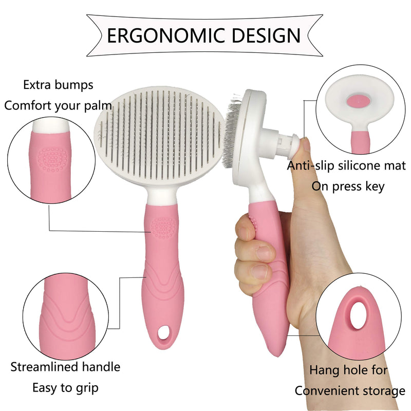 [Australia] - KIRTI Self Cleaning Slicker Brush for Dogs and Cats, Pet Grooming Hair Brush with Pin,Improve Blood Circulation and Massage Vibrant Pink 