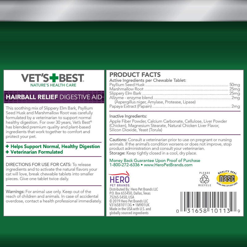 Vet's Best Cat Hairball Relief Digestive Aid| Vet Formulated Hairball Support Remedy | Classic Chicken Flavor 60 Tablets - PawsPlanet Australia