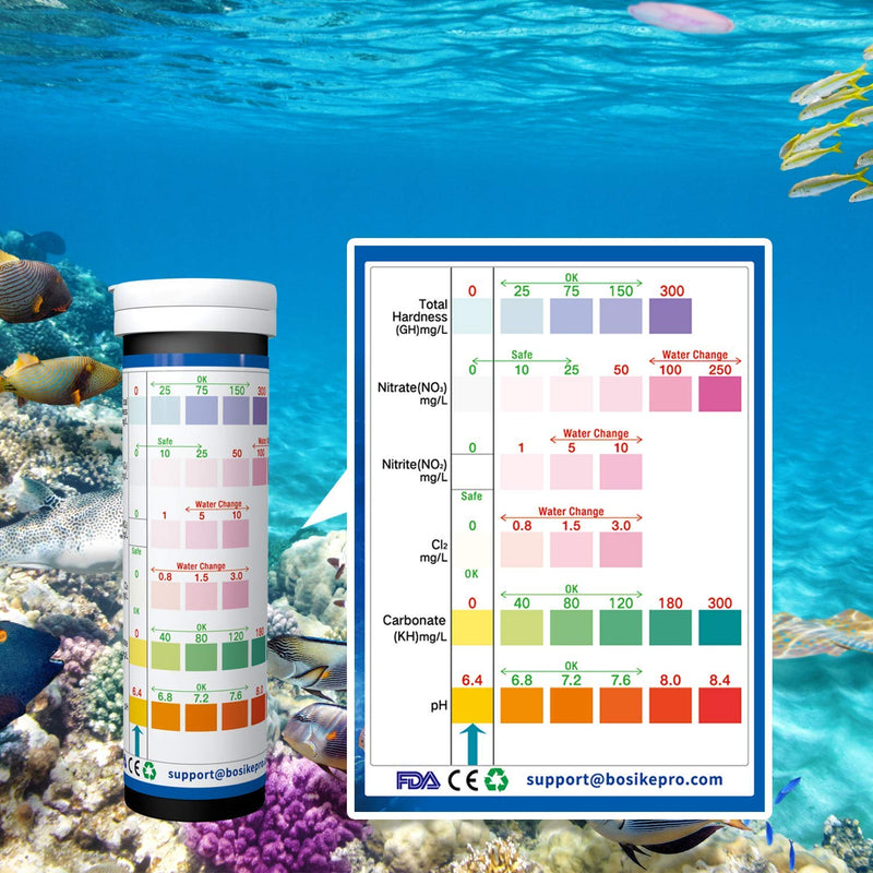 BOSIKE Aquarium Test Strips with Thermometer, 6 in 1 Fish Tank Test Strips Freshwater Saltwater Pond Test kit for Testing Cl2 pH NO2 NO3 GH KH,Temperature Professional Fast Testing 100PCS - PawsPlanet Australia