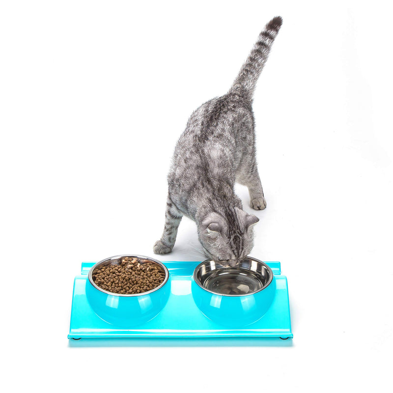 [Australia] - Vealind Non-Spill & Non-Skid Pet Dog Cat Elevated Feeder Bowl with Double Stainless Steel Bowls Blue 