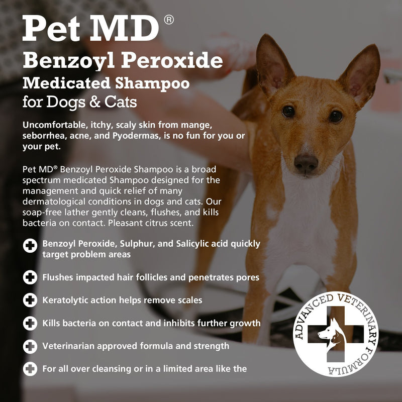 [Australia] - Pet MD Benzoyl Peroxide Medicated Shampoo for Dogs and Cats, Effective for Seborhhea, Dandruff, Mange, Itch Relief, Acne and Folliculitis, Citrus Scent, 12 oz. 