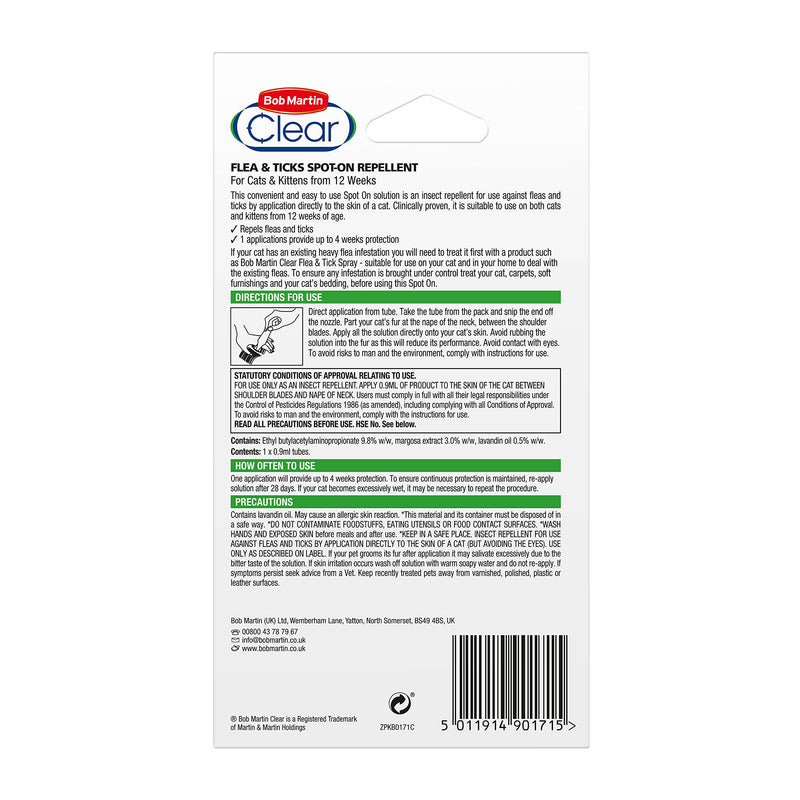 Bob Martin Clear | Flea & Tick Spot On for Cats and Kittens | Pesticide Free Repellent | Clinically Proven Prevention (1 Pipette) - PawsPlanet Australia