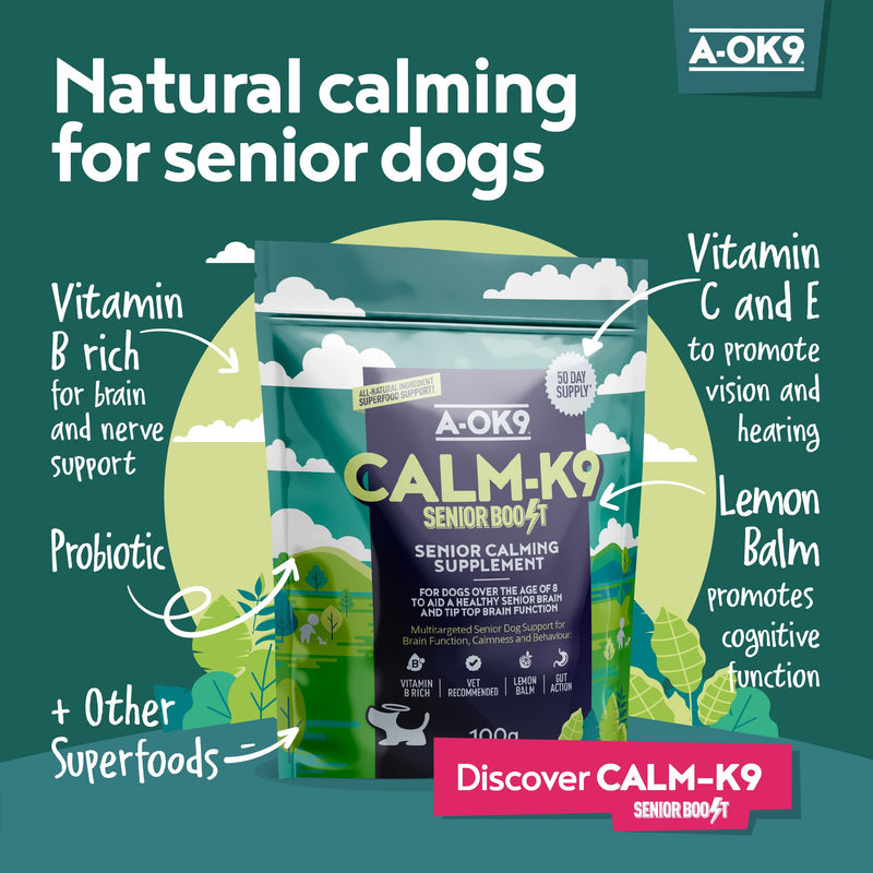 A-OK9 Calm-K9 Senior Boost | Calming Supplement for Older Dogs with Anxiety, Stress or Barking Troubles. Natural Ingredients. Senior dogs Superfoods & Dog Supplements 1 pouch - PawsPlanet Australia