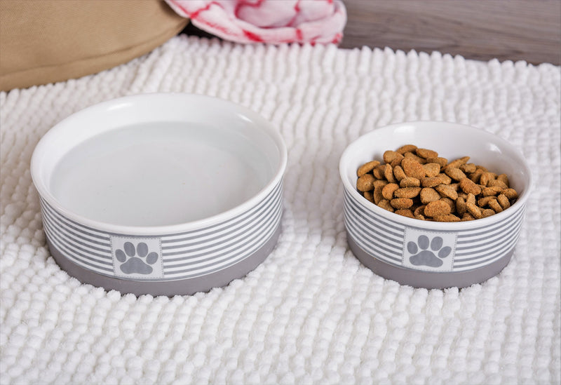 [Australia] - Bone Dry DII Paw Patch & Stripes Ceramic Pet Bowl for Food & Water with Non-Skid Silicone Rim for Dogs and Cats Large Gray 