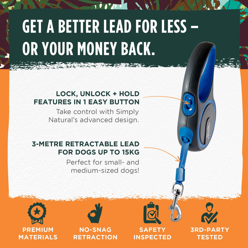 Dog Leash by Simply Natural  3-Metre Retractable Dog Lead Extendable for Dogs up to 15kg with 1 Touch Lock and Release for Stronger Dog Leads Retractable - PawsPlanet Australia