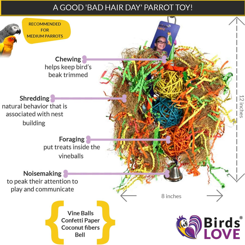 [Australia] - Birds LOVE Bad Hair Day Bird Toy for Medium Parrots, Preening Chewing Foraging Toy for Cage, African Grey Eclectus Cockatoos Amazons Mini Macaws 