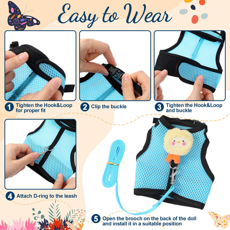 Bunnycool Rabbit Harness and Leash Set with 2 Cute Decorations Soft Adjustable Buckle Breathable Mesh Vest Harness for Rabbits Ferret Small Pig Puppy Walking Supplies(Light Blue, Lively Pattern) Light Blue - PawsPlanet Australia