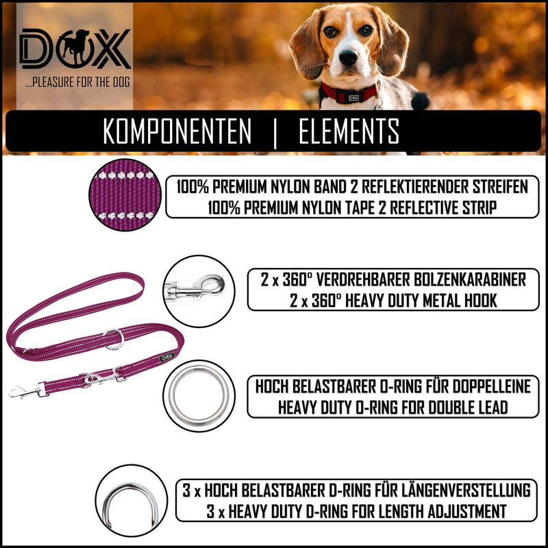 DDOXX dog leash nylon, reflective, 3-way adjustable, 2m | for small & large dogs | Double Leash Two Dog Cat Puppy | Towing leash | Lead leash | Running leash puppy leash | S, Purple Violet S - 1.5 x 200 cm - PawsPlanet Australia