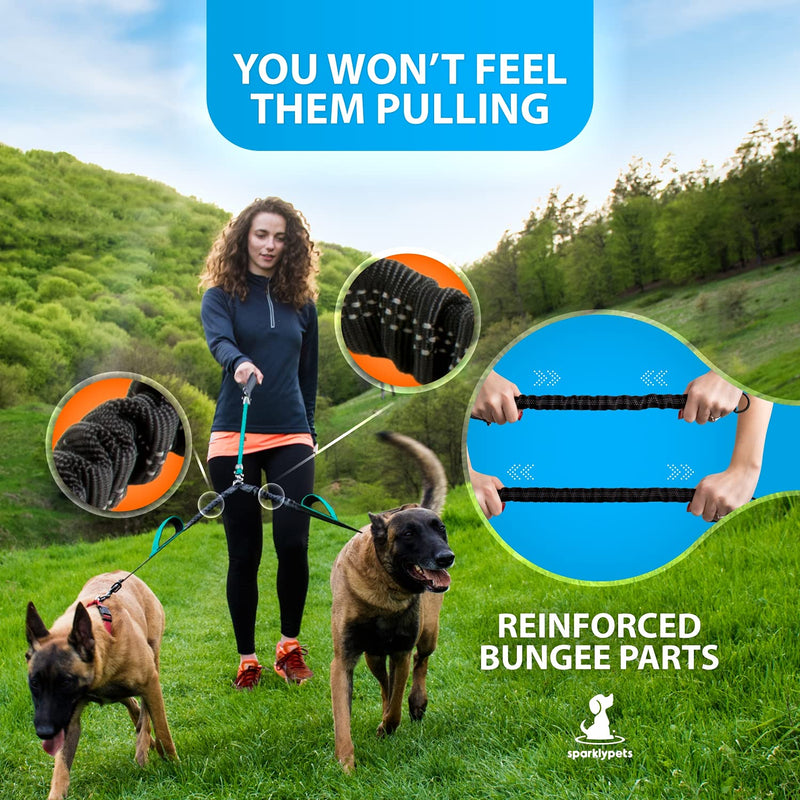 Dog leash for 2 dogs with bungee extension for large and medium-sized dogs with shock absorber | Reflective Elastic Dog Leash for Walking Teal For Two Dogs - PawsPlanet Australia