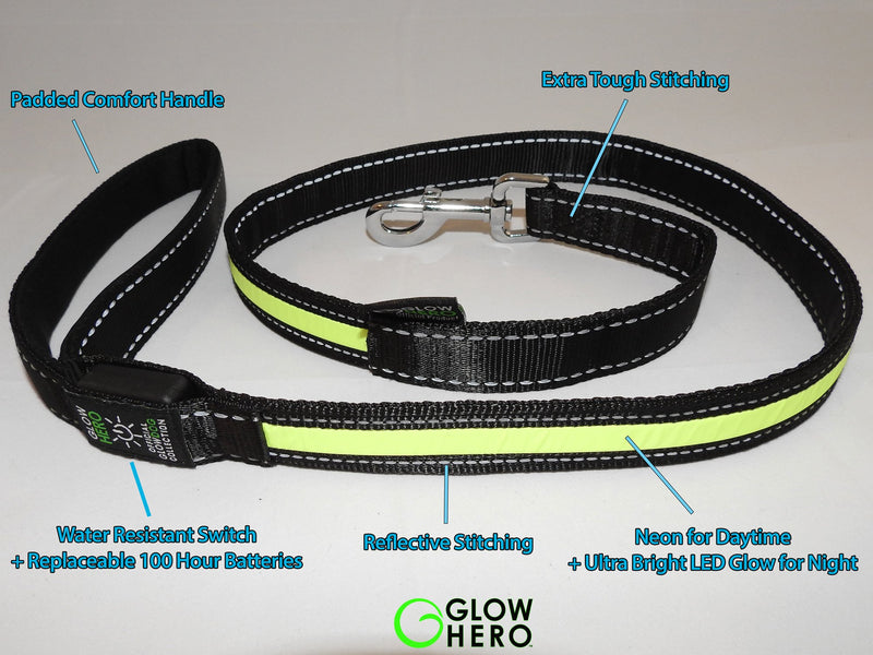 [Australia] - GlowHERO LED Light Up Dog Leash - The Original GlowLeash - High Visibility Durable and Reflective LED Pet Leash w/Padded Shock Absorbing Handle 4.2Ft Neon Green 