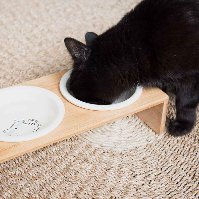 Navaris Ceramic Cat Bowls with Stand - Raised Food and Water Bowl Set for Cats on Elevated Wooden Riser - Eco-Friendly Cat and Paw Design - 2 Bowls S - PawsPlanet Australia