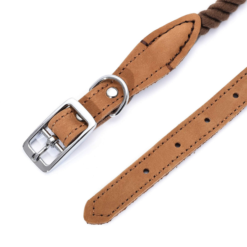 Mile High Life | Premium Cotton Rope Dog Collar | Stainless Steel Pin Buckle Ring Dog Collar | Genuine Leather Belt Collar | For Medium Dog Large Dogs(Dark Brown, Medium Neck 14"-18" -40 lb) Dark Brown - PawsPlanet Australia