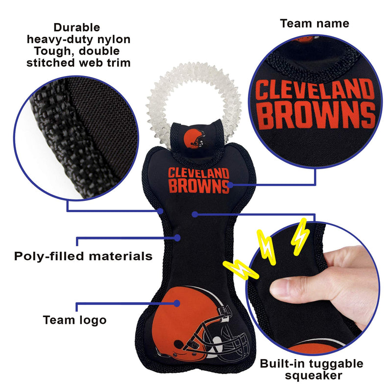 Pets First NFL Cleveland Browns Football Dental Tough Dog TUG Bone Toy with Built-in Squeaker Attached to a Safe Rubber Teething Toothbrush PET Toy, Team Color, 14 x 5 (CLE-3310) 14 x 5" - PawsPlanet Australia