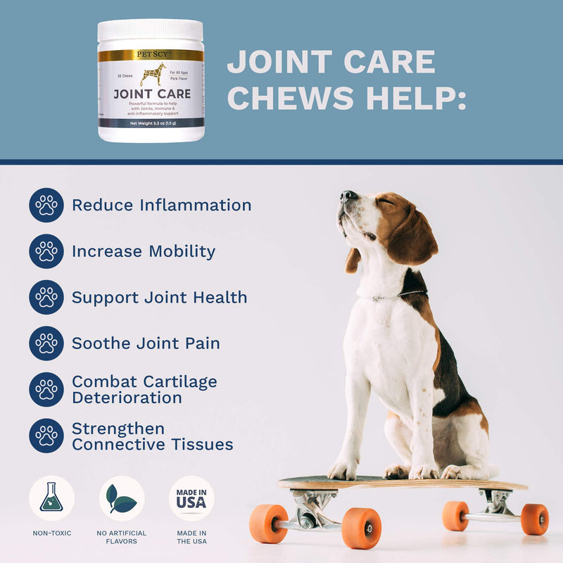 Petscy: Joint Care Chews - Glucosamine, Chondroitin, MSM, and Creatine Nutritional Supplement for Dogs - 30 Chews - Pork Flavor - Joint Pain Relief Support for All Ages and Breeds - Made in The USA - PawsPlanet Australia