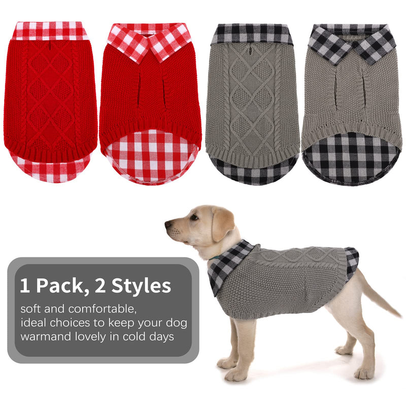 Pedgot 2 Pack Dog Clothes Turtleneck Plaid Patchwork Dog Sweater Warm Pet Sweater Classic Cable Knit Sweater for Small Medium Large Dogs Red, Gray - PawsPlanet Australia