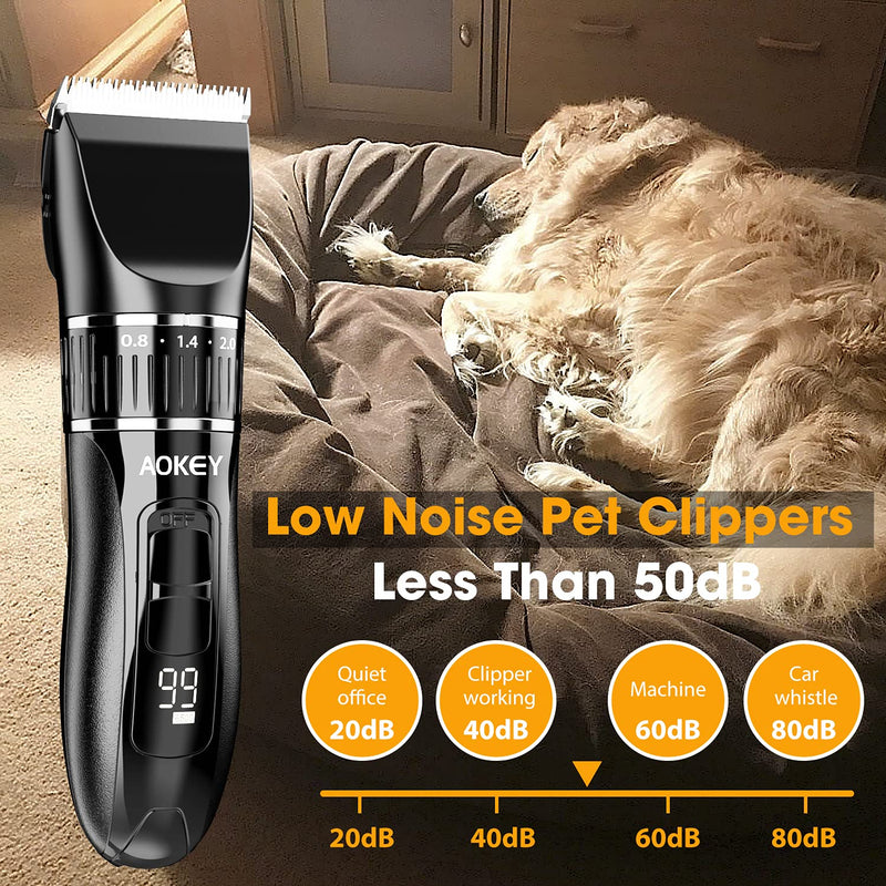 AOKEY Dog Clippers, Cordless Professional Dog Grooming Kit with Stainless Steel Comb and Scissors, Ultra-Quiet Dog Grooming Clippers Suitable for Cats, Dogs, Multiple Pets, Long Battery Life Black 1 - PawsPlanet Australia