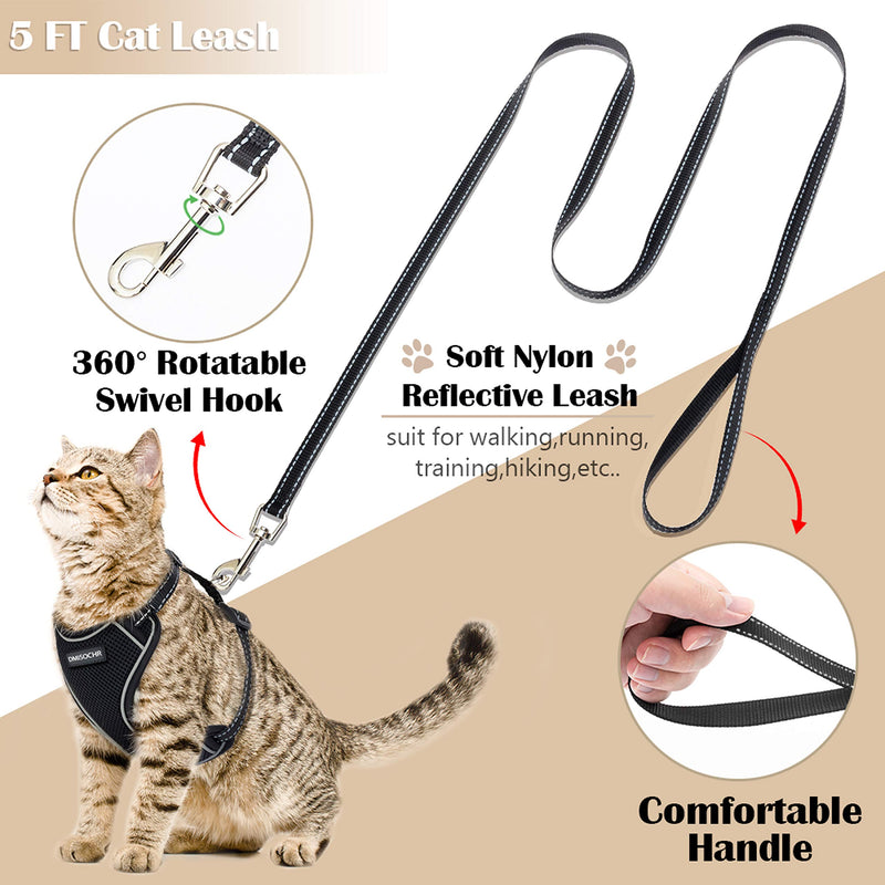 [Australia] - DMISOCHR Cat Harness and Leash Set - Escape Proof Safe Cat Vest Harness for Walking Outdoor - Reflective Adjustable Soft Mesh Breathable Body Harness - Easy Control for Small, Medium, Large Cats Black 