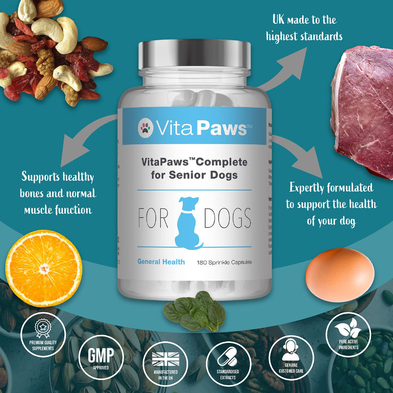 Multivitamins for Senior Dogs | VitaPaws Complete | Includes Glucosamine, Ginseng & L-Carnitine | 180 Sprinkle Capsules Ideal for Fussy Pets | UK Manufactured - PawsPlanet Australia