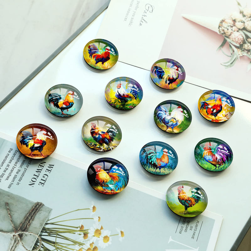 12Pcs Glass Strong Magnetic Fridge Sticker Refrigerator Magnet - Round Glass Fridge Decoration, Office Whiteboard Magnet, Cabinet Magnet, Dishwasher Magnet, Cabinet Cute Locker Magnet (Rooster) Rooster - PawsPlanet Australia