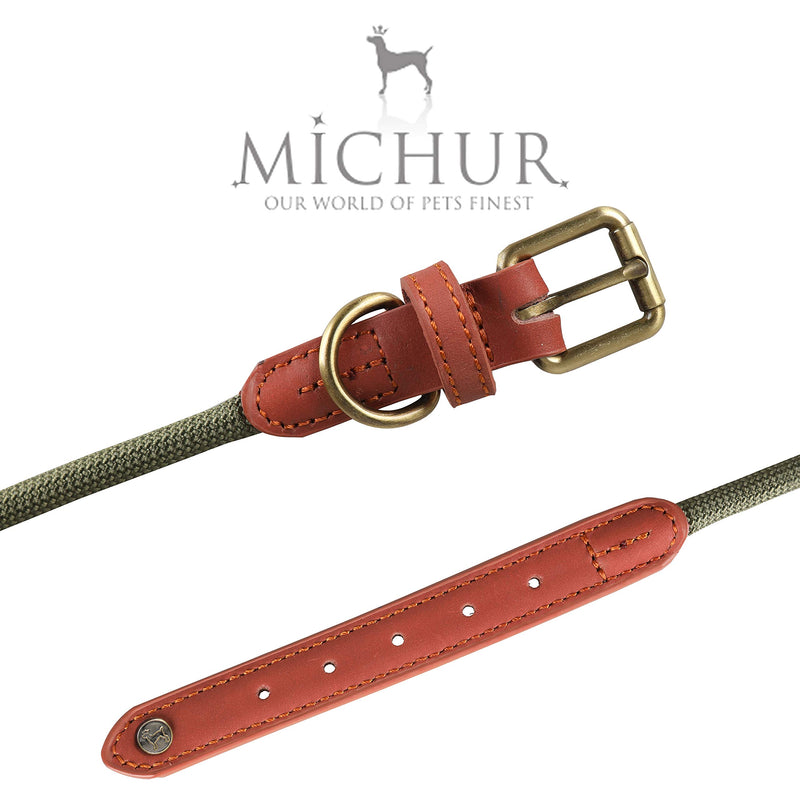 Michur Sherpa Green Hornet, dog collar leather reinforcement and rope, round with polyamide core and braided nylon, collar for dogs in different Neck circumference (approx.): 10.63"-13.78" - PawsPlanet Australia