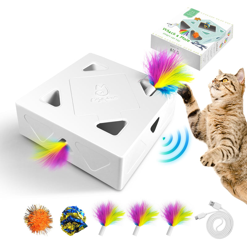 Migipaws Cat Toy, Interactive Automatic 7-Hole Mouse Whack-A-Mole, Smart Teaser Toy, 4 Pieces Feather Accessories, Funny Cardboard Design, USB Rechargeable - PawsPlanet Australia