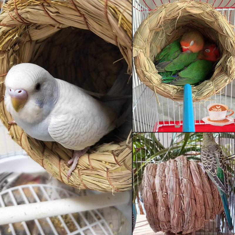 kathson Straw Bird Nest Natural Fiber Birdcage Birdhouse Parrot Hideaway Shelter Hut Parakeet Perch Hanging Bell Toys for Small Finch Canary Lovebird Resting Breeding Playing 6PCS - PawsPlanet Australia