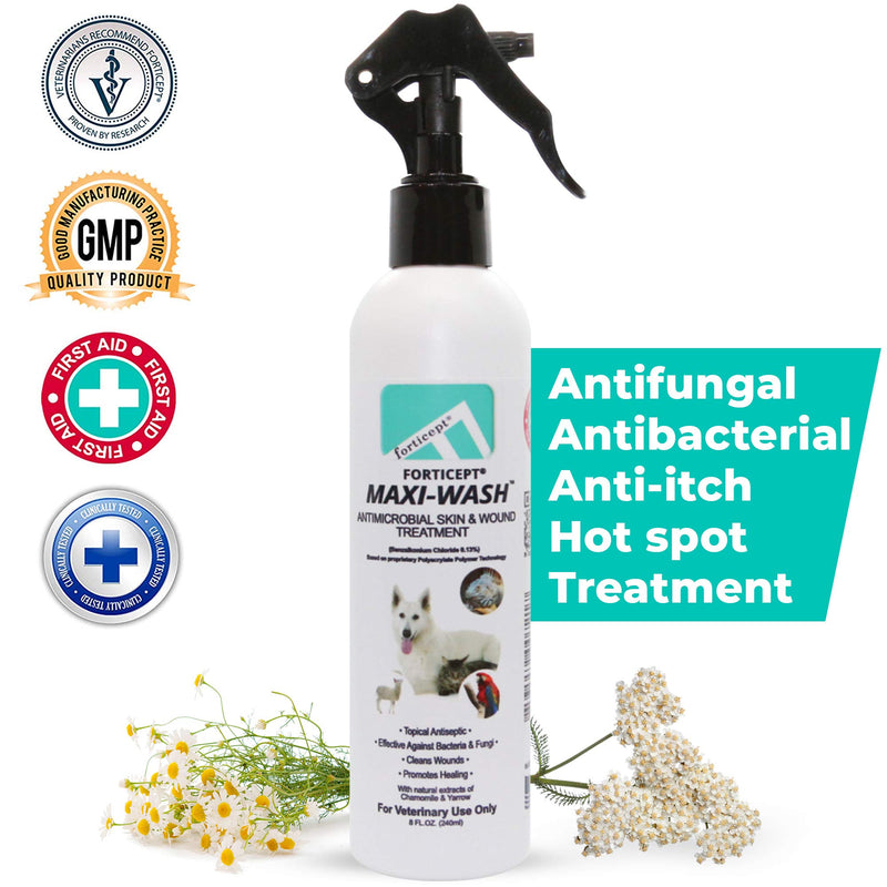 Forticept Maxi-Wash Antiseptic Antifungal Antibacterial Medicated Itch Relief Hot Spot Spray for Dogs & Cats|First Aid Skin and Paw Cleanser | Wounds Treatment 8 oz - PawsPlanet Australia