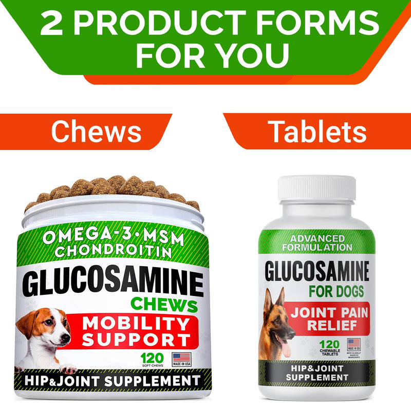 Glucosamine Tablets for Dogs - Joint Supplement w/ Omega-3 Fish Oil - Chondroitin, MSM - Advanced Mobility Chews - Joint Pain Relief - Hip & Joint Care - 120 Ct - Made in USA 120 Chewable Tablets - PawsPlanet Australia