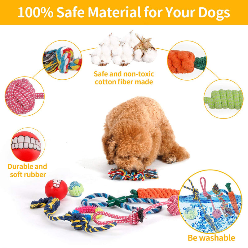 PETTOM Dog Toys Teething Training Dog Chew Toys 10pcs Dog Rope Toys 100% Natural Cotton Avoiding Dogs Boredom Anxiety Ball Rope and Chew Squeaky Toys for Large Medium Dogs Puppy Toys Dog Gift Set - PawsPlanet Australia