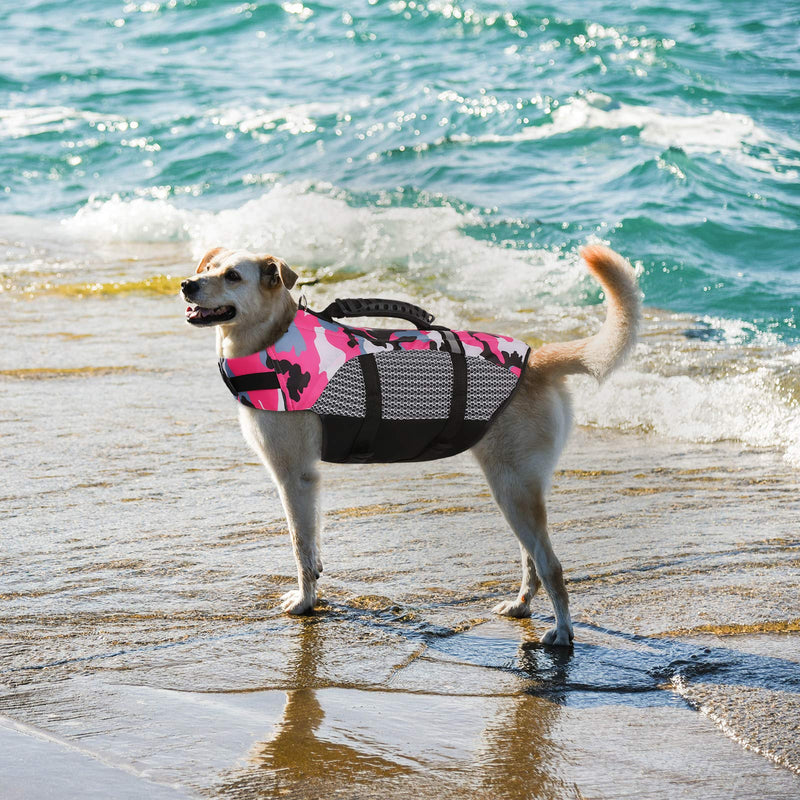 MAZORT Dog Life Jacket, Camouflage Lifesaver Vest, Reflective & Adjustable Preserver with Rescue Handle for Swimming Boating & Canoeing (Pink, X-Small) Pink - PawsPlanet Australia