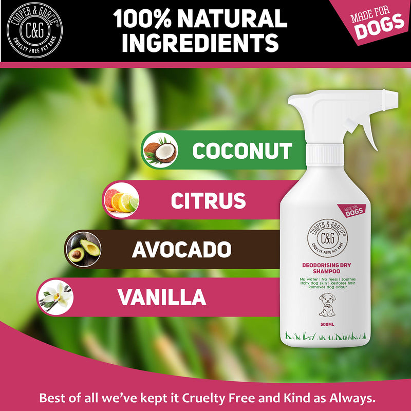 Dry Dog Shampoo Spray For Smelly Dogs - Wipe Clean Stain Remover - Cruelty Free Waterless Grooming Products Organic Odour Deodoriser Neutraliser - Best Fox Poo Cleaning Animal Wash (500ML) 500 ml (Pack of 1) - PawsPlanet Australia